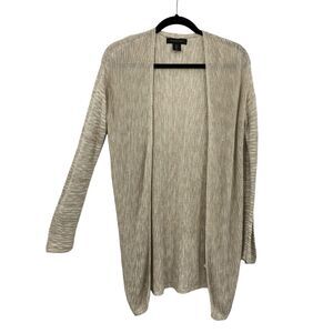 Tahari Knit Linen Blend Cardigan size Small Stone Beige open Front Long Length